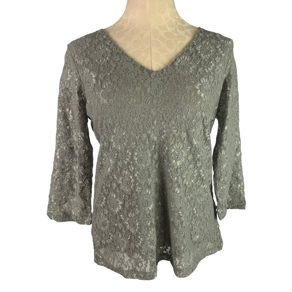 Small Motto Women's Gray Lace V-Neck Lined Pullover Top New‎